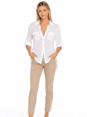 a.n.a White Button Down High Low Roll Tab Sleeve Utility Blouse Shirt Small thumbnail 4
