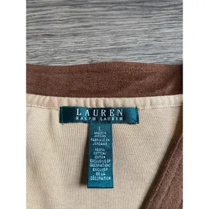 EUC Womens Lauren Ralph Lauren 100% cotton suede trim vneck‎ top size L thumbnail 3