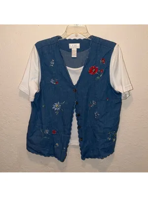 Vintage embroidered floral denim vest with attached shirt cottagecore grandma thumbnail 2