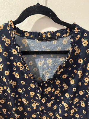 Crimson Floral Midi Dress Womens L Navy Blue Yellow Floral Ruffle Sleeve Boho thumbnail 3