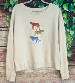 Pact Cheetah Crewneck Sweater Women Large XL Wild Pullover Sweatshirt Cat Animal thumbnail 1