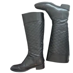 Tory Burch Claremont Quilted Leather Riding Boots Black Gold Logo 8.5 thumbnail 5