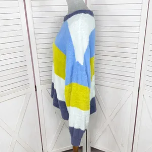 Aerie Flurry Rugby Stripes Fuzzy Oversized Crew Neck Sweater Blue Green Medium‎ thumbnail 4
