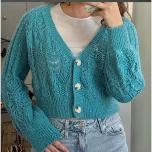 Debut Large‎ Teal Blue Pointelle Knit Cropped Cardigan Sweater V-Neck thumbnail 1