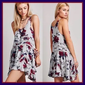 Free People Slip Dress Womens Small Grey Burgundy Voile Lace Trapeze Boho Mini thumbnail 3
