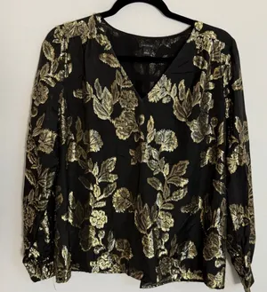 Ann Taylor Black & Gold Vneck top size medium thumbnail 1