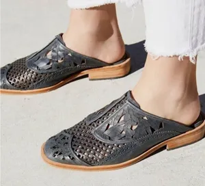 Free People Black Leather Laser-Cut Mule with Natural Wood Sole thumbnail 1
