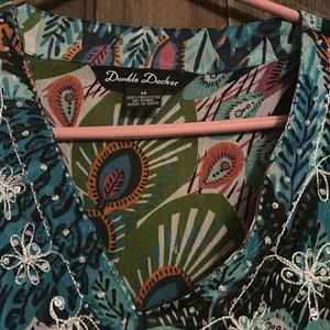 Double Decker Top Size M Sheer Tunic Beach‎ Cover Up Peacock Feathers Sequins thumbnail 3