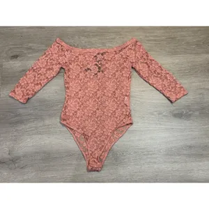 Coquette Dusty Rose Floral Lace Romantic Off Shoulder Bodysuit Sheer Y2K Small thumbnail 2