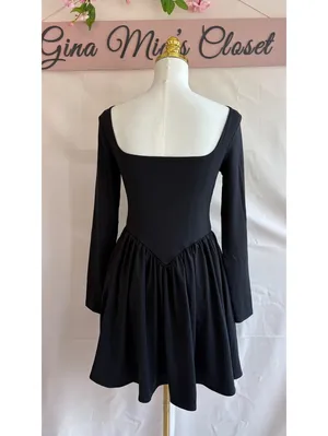 Black Long Sleeve Fit and Flare Dress with Square Neck and Waist Tie, Size Small thumbnail 2