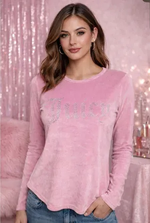 Juicy Couture Pink‎ Velour Rhinestone Logo Long Sleeve Top Y2K thumbnail 1