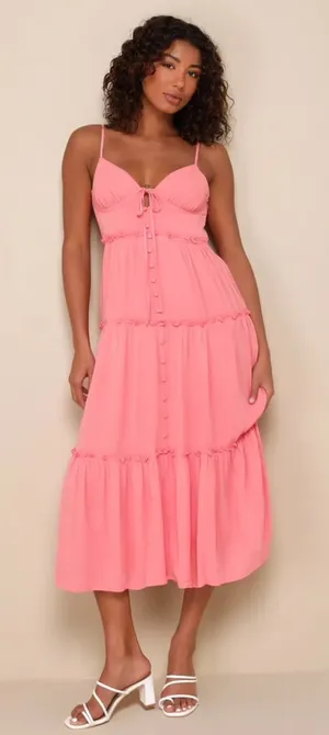 Lulus‎ Sweetest Perception Midi Dress Womens Large Coral Pink NWT Ruffle Tiered thumbnail 1