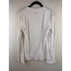 Prana White‎ Knit Crochet Trim V-Neck Long Sleeve Casual Top Womens XL Hiking thumbnail 4