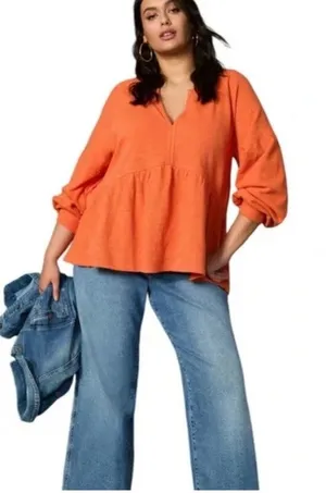 Pilcro By Anthropologie 100% Cotton Tangerine Baby Doll‎ Peplum Blouse Size M thumbnail 1