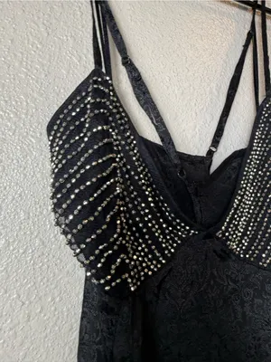 Free People Dress People Beaded Slip Mini Dress Black‎ Open Back Jacquard Size L thumbnail 4