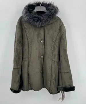 Olive Green Hooded Penny Lane Jacket Faux Shearling Fur Lined Embroidery XL NEW thumbnail 1