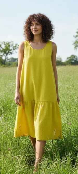 NWT Eileen Fisher Scoop Neck Midi Sunbeam Organic Cotton Ripple Tiered Dress L thumbnail 1