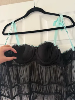 Y2K Bebe Blue and Black Bow Detail Ruffle Trim Corset Bustier Top thumbnail 7