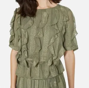 MISA Los Angeles Green/Gold Metallic Sedona Shimmer Ruffled Short Sleeve Blouse thumbnail 1