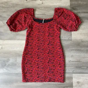 Free People Bodycon Dress Red Jacquard Balloon Sleeves Small Stretchy thumbnail 3