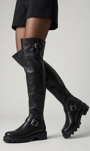 Nine West Over The Knee Lug Sole Moto Boots Black Buckle Size 7M Side Zip NEW thumbnail 1