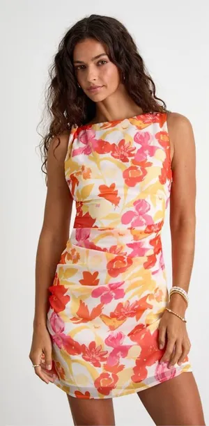 Lulu's Roanes Orange Floral Boat Neck Pleated Mini Dress thumbnail 1