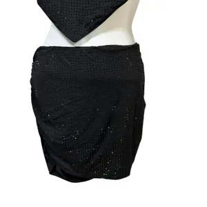 Edikted Black Rhinestone Handkerchief Halter Top & Ruched Mini Skirt Set Size M thumbnail 4