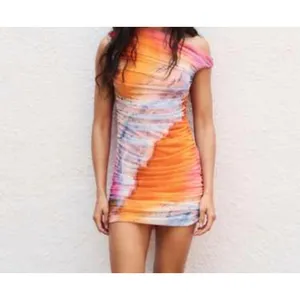 Zara Womens Ruched Mesh Mini Dress Abstract Sunset Watercolor Orange Pink medium thumbnail 3