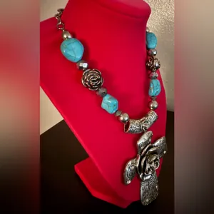 Ornate Silver Turquoise Cross Necklace | Western Boho Statement Chunky Religious thumbnail 6