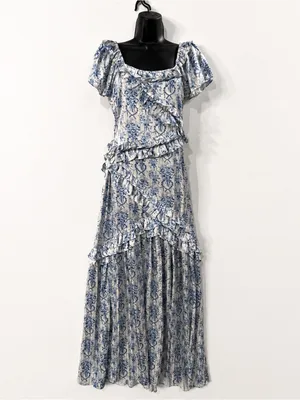LoveShackFancy Kenya Ruffled White and Blue Floral Maxi Dress Size 2 thumbnail 5