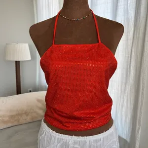 NWT Rhinestone Halter Top L Orange Scarf Bow Back Festival McBling Y2K Clubwear thumbnail 3