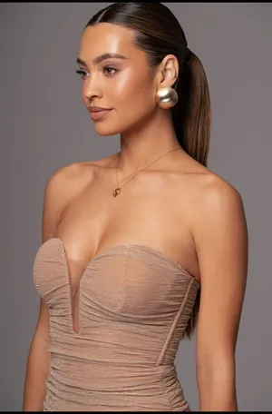 NWT Champagne Metallic Mesh Maxi Dress Tan thumbnail 5