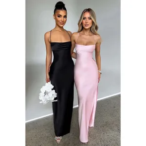 NWT Babyboo Makalita Blush Pink Satin Lace Up Back Slit Slip Maxi Dress Size XS thumbnail 8