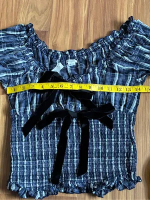 Kimchi Blue Marley Plaid Smocked Off Shoulder Blouse - Navy Blue Size S thumbnail 8