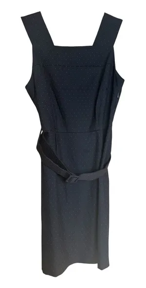 MANGO SUIT Navy Blue Pinstripe‎ Polka Dot Pinafore Sheath Dress With Belt Sz 6 thumbnail 1