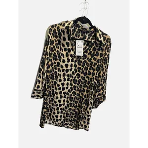 Zara Leopard Print Tunic Women Small‎ Tan Black V-Neck 3/4 Sleeve Animal Blouse thumbnail 2