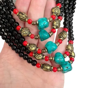 Faux Turquoise & Glass Beaded Multi Strand Layered Statement Bib Necklace thumbnail 4