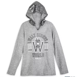 Walt Disney World Sweatshirt M Sequin Hooded Gray Silver Graphic Distressed thumbnail 1