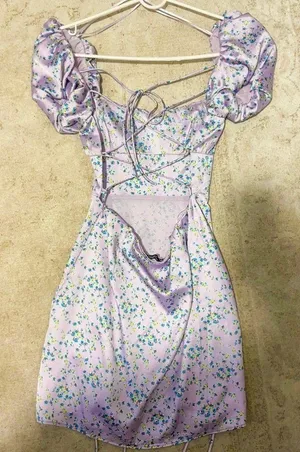 lilac floral satin puff sleeve mini dress thumbnail 5