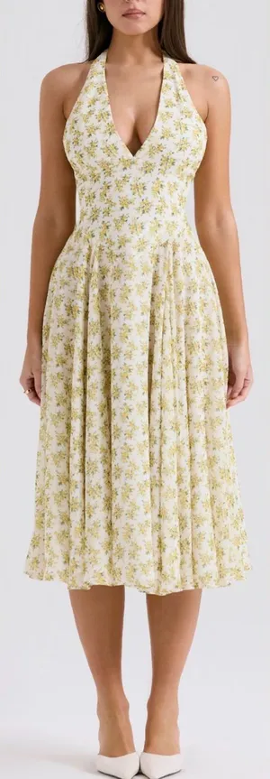 NEW HOUSE OF CB SOLADA Ivory Vintage Floral Print Georgette Halter Sz XL L+ thumbnail 1