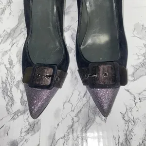 Stuart Weitzman Barrington Black Purple Glitter Buckle Heels Women's Size 9 thumbnail 3