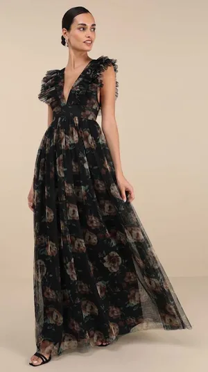 Lulus Simply Delighted Black Floral Mesh Ruffled Backless Maxi Dress Size XXL thumbnail 1