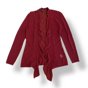 Eileen Fisher‎ Wine Red Linen Blend Open Knit Open Front Ruffle Cardigan Size XS thumbnail 1