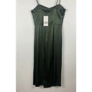 ZARA Green Satin Ruched Sweetheart Slip Midi Dress Spaghetti Strap Size S thumbnail 7