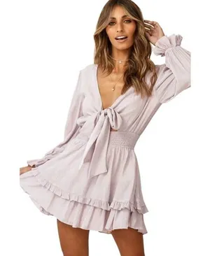 Angel Biba Mauve Ruffle Mini Romper Dress Long Balloon Sleeve Front‎ Tie Small thumbnail 1