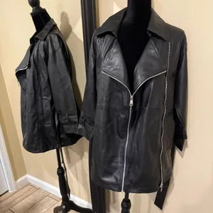 Faux leather jacket pu leather coat trench parka fall coat motorcycle jacket Black Size XS thumbnail 6