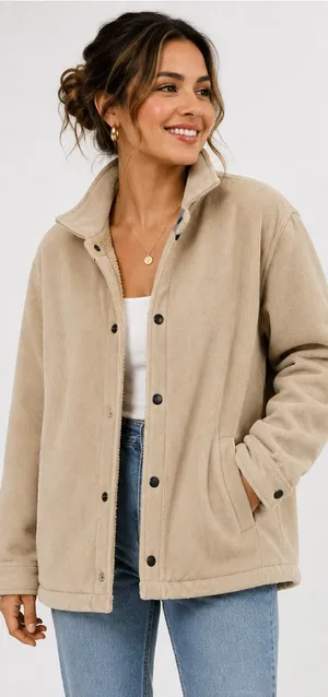 Cozy Neutral Teddy Jacket with Snap Front Tan Size M thumbnail 1