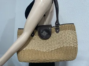 Tan Straw Woven Hand Bag Purse- Beautiful Metal Details thumbnail 1