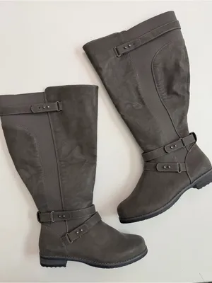 Torrid Boots Strappy Knee Faux Oil Suede Leather Buckles Tall Extra Wide Grey thumbnail 8