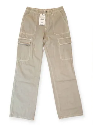 Zara Women's Beige Flat Front Cargo Pants thumbnail 1